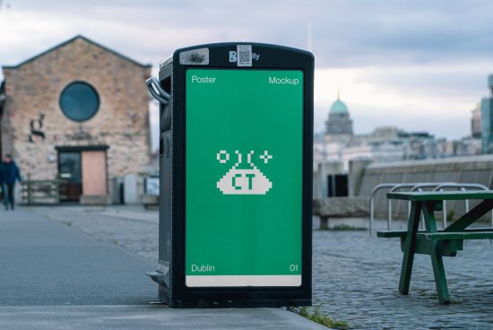 Urban street bin with green poster space featuring pixel art design, ideal for mockup template showcase in city setting for designers.